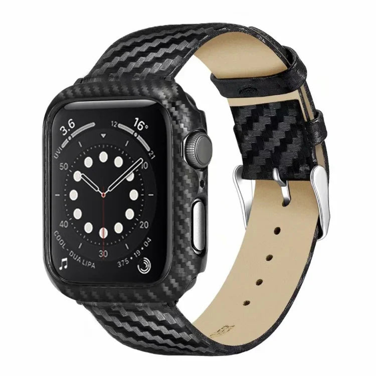 سوار من الجلد الطبيعي بألياف الكربون + إطار لساعة Apple Watch السلسلة 3 & 2 & 1 42مم، Apple Watch السلسلة 3 & 2 & 1 42مم