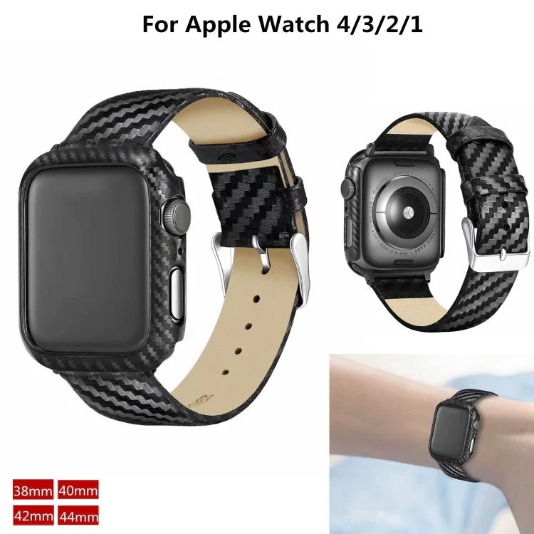 سوار من الجلد الطبيعي بألياف الكربون + إطار لساعة Apple Watch السلسلة 3 & 2 & 1 42مم، Apple Watch السلسلة 3 & 2 & 1 42مم