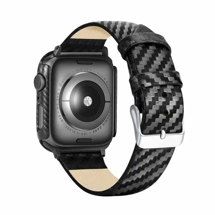 سوار من الجلد الطبيعي بألياف الكربون + إطار لساعة Apple Watch السلسلة 3 & 2 & 1 42مم، Apple Watch السلسلة 3 & 2 & 1 42مم