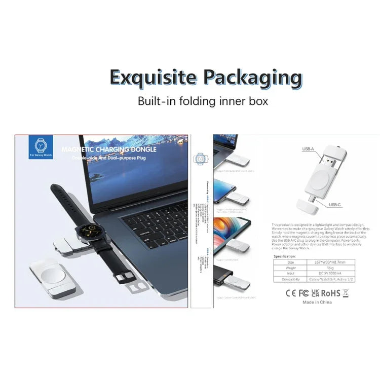 شاحن لاسلكي مغناطيسي سريع U8S USB / Type-C لساعات سامسونج 3 / 4، 4 كلاسيك، أكتيف 1 / 2