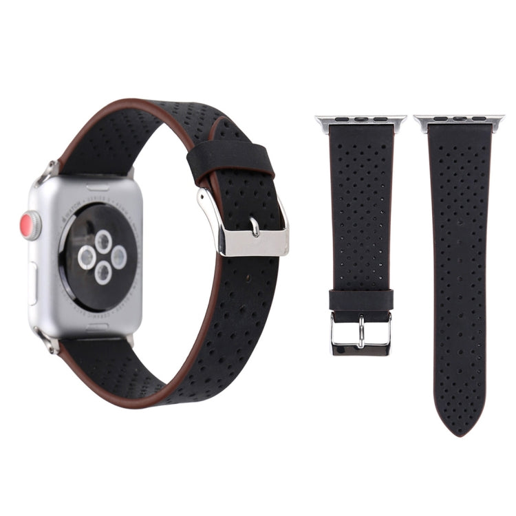 لساعة Apple Watch Ultra 49مم وWatch Ultra 2 49مم / السلسلة 10 مقاس 46مم / 9 و8 و7 مقاس 45مم / SE 3 وSE 2 و6 وSE و5 و4 مقاس 44مم / 3 و2 و1 مقاس 42مم، سوار ساعة بسيط وأنيق من الجلد الطبيعي بنمط ثقوب، مقاس 42مم
