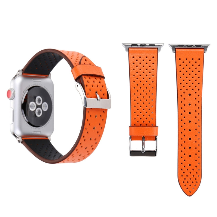 لساعة Apple Watch Ultra 49مم وWatch Ultra 2 49مم / السلسلة 10 مقاس 46مم / 9 و8 و7 مقاس 45مم / SE 3 وSE 2 و6 وSE و5 و4 مقاس 44مم / 3 و2 و1 مقاس 42مم، سوار ساعة بسيط وأنيق من الجلد الطبيعي بنمط ثقوب، مقاس 42مم