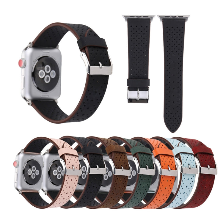لساعة Apple Watch Ultra 49مم وWatch Ultra 2 49مم / السلسلة 10 مقاس 46مم / 9 و8 و7 مقاس 45مم / SE 3 وSE 2 و6 وSE و5 و4 مقاس 44مم / 3 و2 و1 مقاس 42مم، سوار ساعة بسيط وأنيق من الجلد الطبيعي بنمط ثقوب، مقاس 42مم