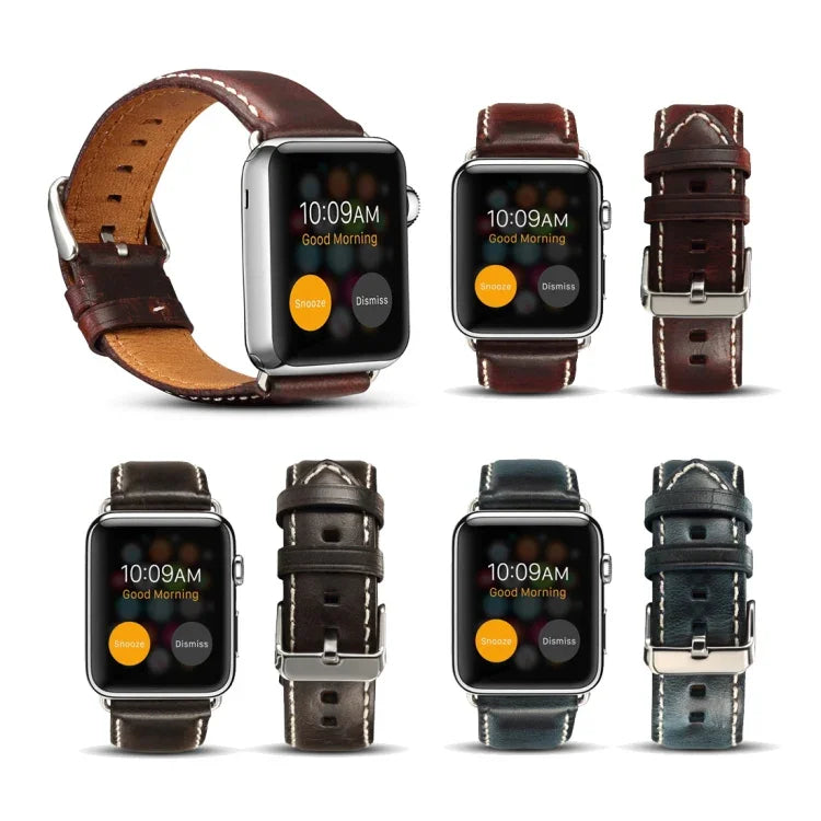 سوار ساعة جلد عتيق من شمع الزيت Denior لسلسلة Apple Watch 7 مقاس 45مم / 6 و SE و 5 و 4 مقاس 44مم / 3 و 2 و 1 مقاس 42مم