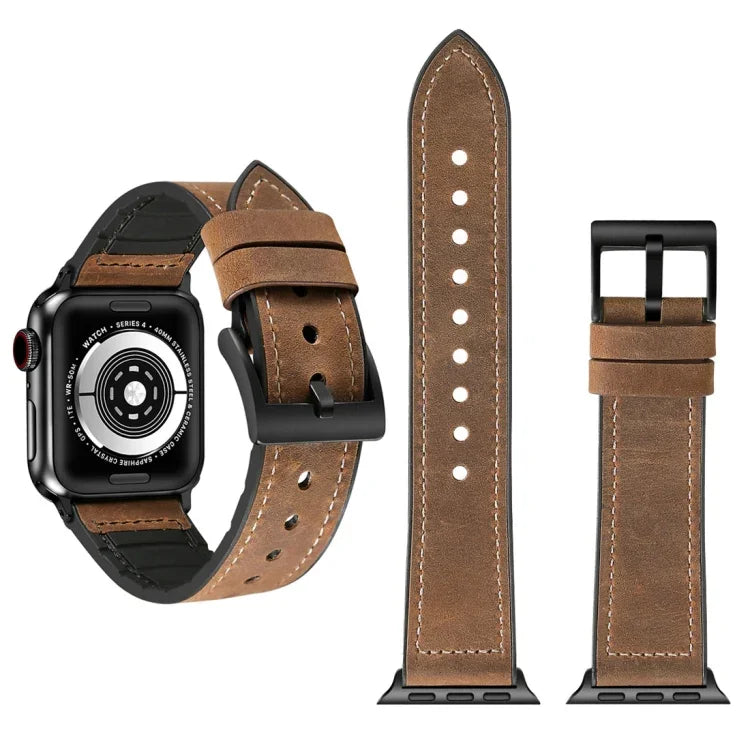 سوار ساعة من TPU بنقشة جلد الحصان المجنون مع فولاذ مقاوم للصدأ لساعات Apple Watch Series 7 مقاس 45مم / 6 & SE & 5 & 4 مقاس 44مم / 3 & 2 & 1 مقاس 42مم، 44مم