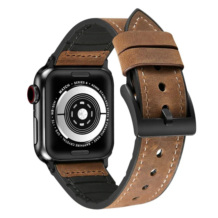 سوار ساعة بنقشة جلد الحصان المجنون من TPU مع فولاذ مقاوم للصدأ لساعات Apple Watch Series 7 مقاس 41مم / 6 & SE & 5 & 4 مقاس 40مم / 3 & 2 & 1 مقاس 38مم، 40مم