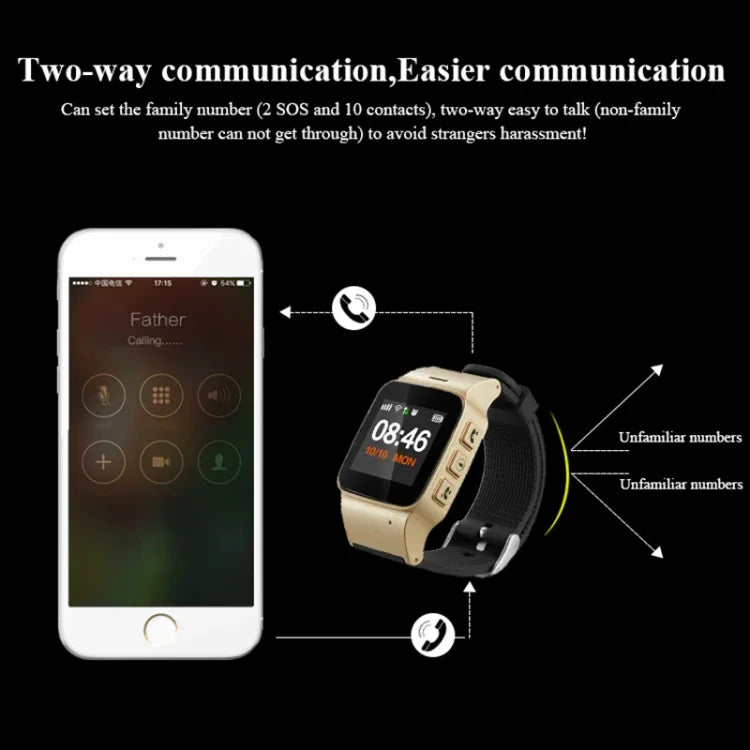 ساعة ذكية D99+ بشاشة LCD عالية الدقة بحجم 1.22 بوصة مع GPS مقاومة للماء لكبار السن، تدعم تحديد المواقع GPS + LBS + WiFi / اتصال ثنائي الاتجاه / مراقبة الصوت / إسعاف أولي بزر واحد / تنبيه رفع المعصم / سياج أمان، D99+ باللون الذهبي الوردي