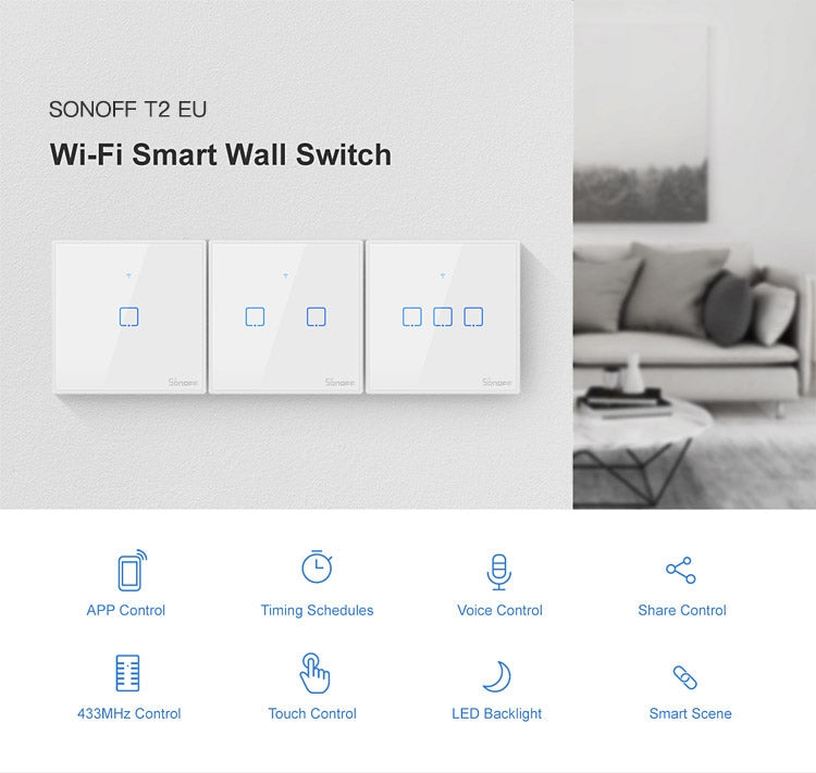 مفتاح حائط ذكي بشاشة زجاجية مقسّاة Sonoff T2 Touch 86mm، متوافق مع Alexa وGoogle Home، AC 100V-240V، قابس الاتحاد الأوروبي، 86mm/ 3 قابس الاتحاد الأوروبي