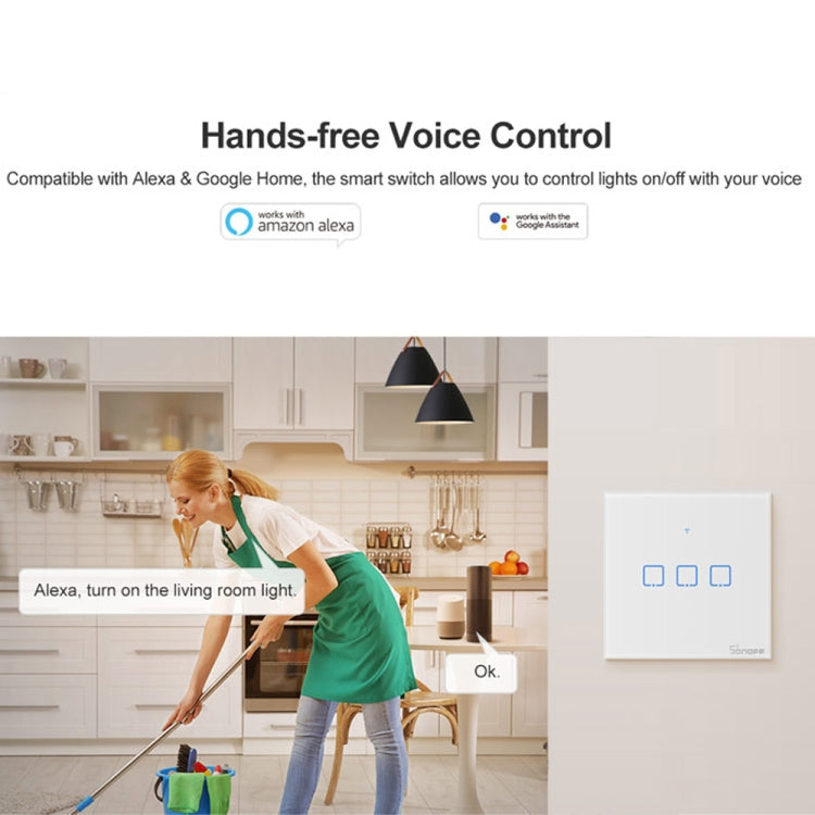 مفتاح حائط ذكي بشاشة زجاجية مقسّاة Sonoff T2 Touch 86mm، متوافق مع Alexa وGoogle Home، AC 100V-240V، قابس الاتحاد الأوروبي، 86mm/ 3 قابس الاتحاد الأوروبي