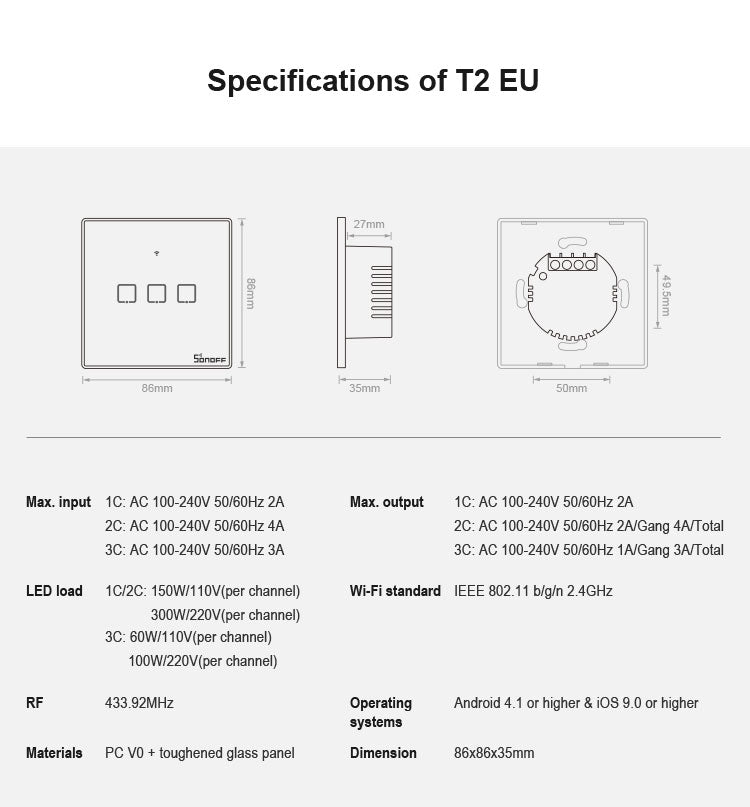مفتاح حائط ذكي بشاشة زجاجية مقسّاة Sonoff T2 Touch 86mm، متوافق مع Alexa وGoogle Home، AC 100V-240V، قابس الاتحاد الأوروبي، 86mm/ 3 قابس الاتحاد الأوروبي