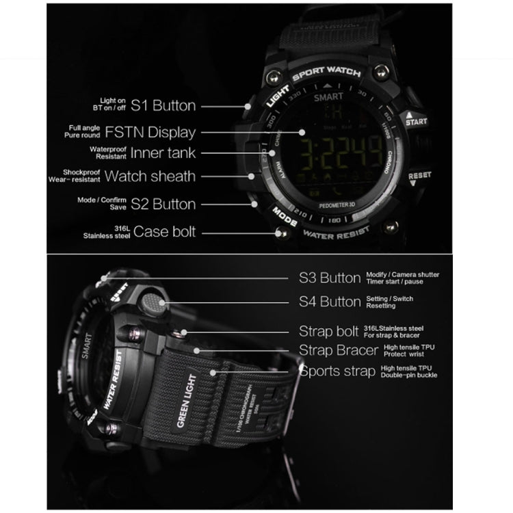 ساعة رياضية ذكية EX16 بشاشة FSTN LCD بحجم 1.12 بوصة بزاوية عرض كاملة، مقاومة للماء بمعيار IP67، تدعم عداد الخطى / ساعة توقيت / منبه / تذكير الإشعارات / إشعار المكالمات / تحكم عن بعد بالكاميرا / حساب السعرات الحرارية، متوافقة مع هواتف أندرويد وiOS
