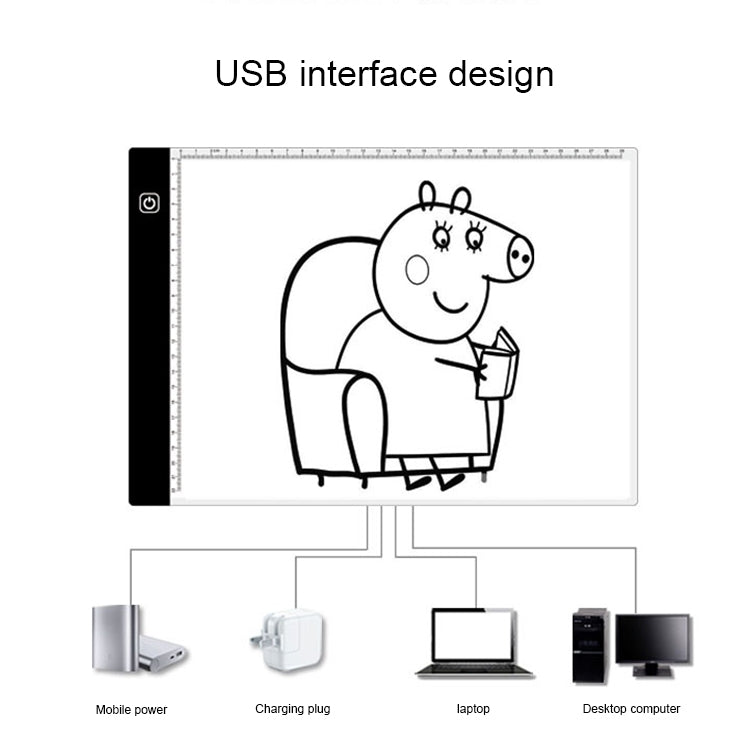 لوحات نسخ مقياس أكريليك A4 بتعتيم ثلاثي المستويات LED USB 5V 3.5W، لوحة رسم تخطيط أنمي مع كابل USB بطول 1.5 متر ومحول طاقة، لوحات نسخ مع كابل USB 1.5 متر ومحول طاقة