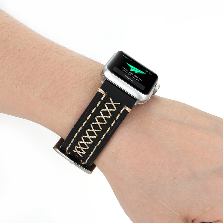 لساعات Apple Watch Ultra 49مم و Watch Ultra 2 49مم / Series 10 مقاس 46مم / 9&8&7 مقاس 45مم / SE 3&SE 2&6&SE&5&4 مقاس 44مم / 3&2&1 مقاس 42مم سوار ساعة يد من الجلد الطبيعي بنمط خطوط يدوي، مقاس 42مم