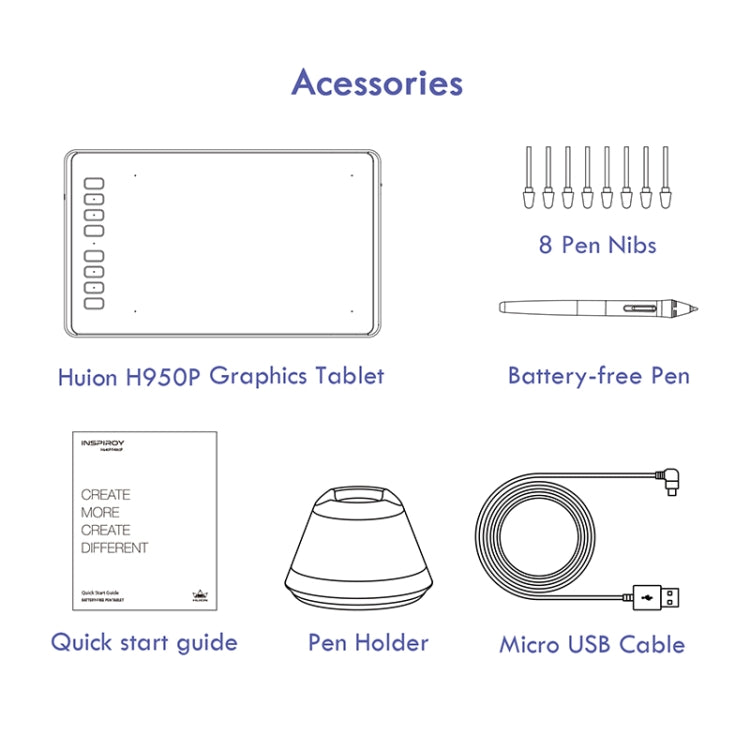 لوحة رسم جرافيك احترافية HUION Inspiroy Series H950P 5080LPI USB لنظامي Windows / Mac OS، مع قلم بدون بطارية