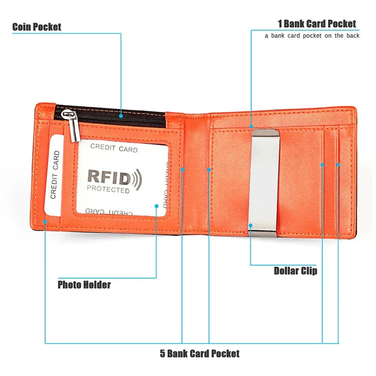 محفظة جلد بقري مضادة للمغناطيس RFID مع فتحات متعددة للبطاقات للرجال، مع حقيبة بسحاب، 9606 أسود، 9606 بني