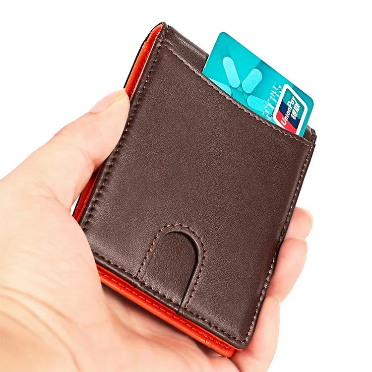 محفظة جلد بقري مضادة للمغناطيس RFID مع فتحات متعددة للبطاقات للرجال، مع حقيبة بسحاب، 9606 أسود، 9606 بني
