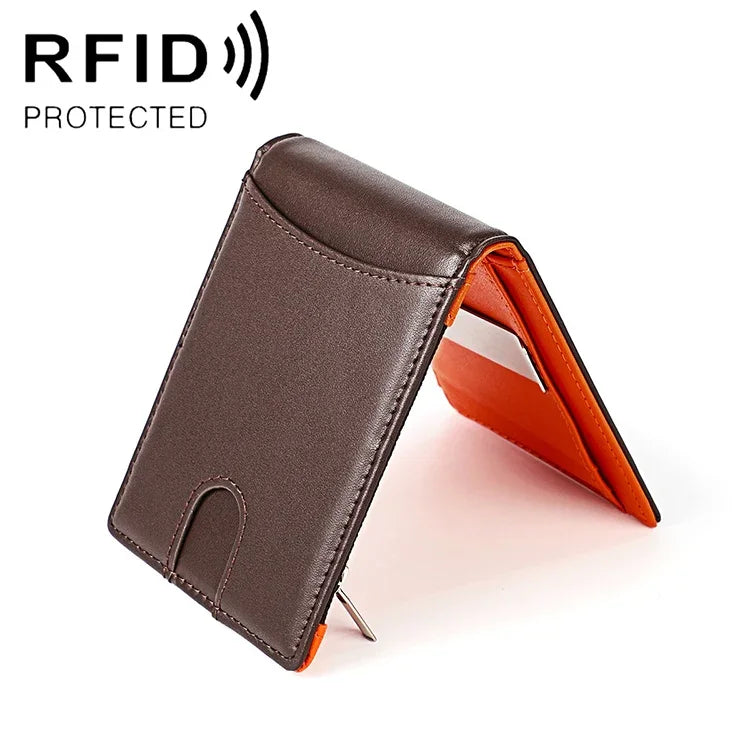 محفظة جلد بقري مضادة للمغناطيس RFID مع فتحات متعددة للبطاقات للرجال، مع حقيبة بسحاب، 9606 أسود، 9606 بني
