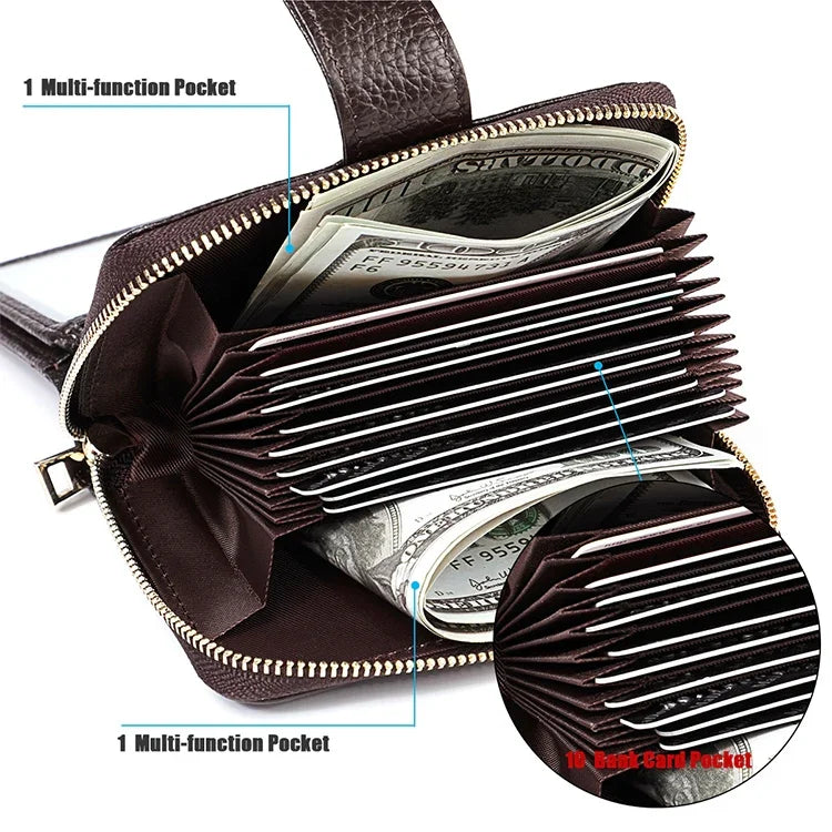 KB192 Buckle Zipper Cowhide Leather Organ Shape Multiple Card Slots Anti-magnetic RFID Wallet Clutch Bag for Men, KB192 Black
