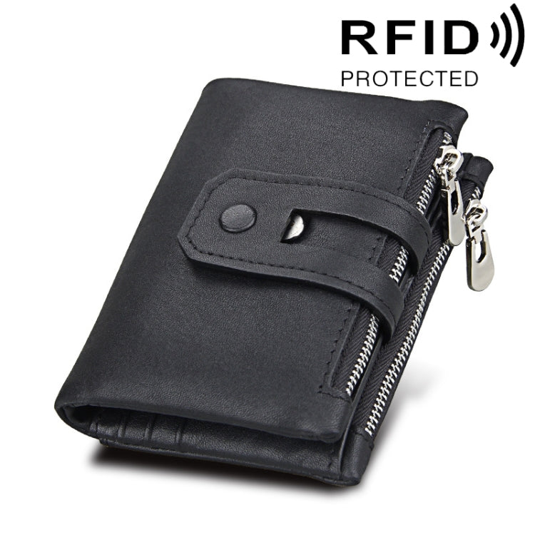محفظة بطاقات جلدية أصلية من جلد البقر بنسيج الحصان المجنون بسحاب ثلاثي الطي، محفظة حجب RFID، محفظة عملات وحافظة بطاقات للرجال، الحجم: 12*9.5*3.5 سم