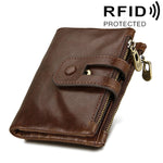 محفظة بطاقات جلدية أصلية من جلد البقر بنسيج الحصان المجنون بسحاب ثلاثي الطي، محفظة حجب RFID، محفظة عملات وحافظة بطاقات للرجال، الحجم: 12*9.5*3.5 سم