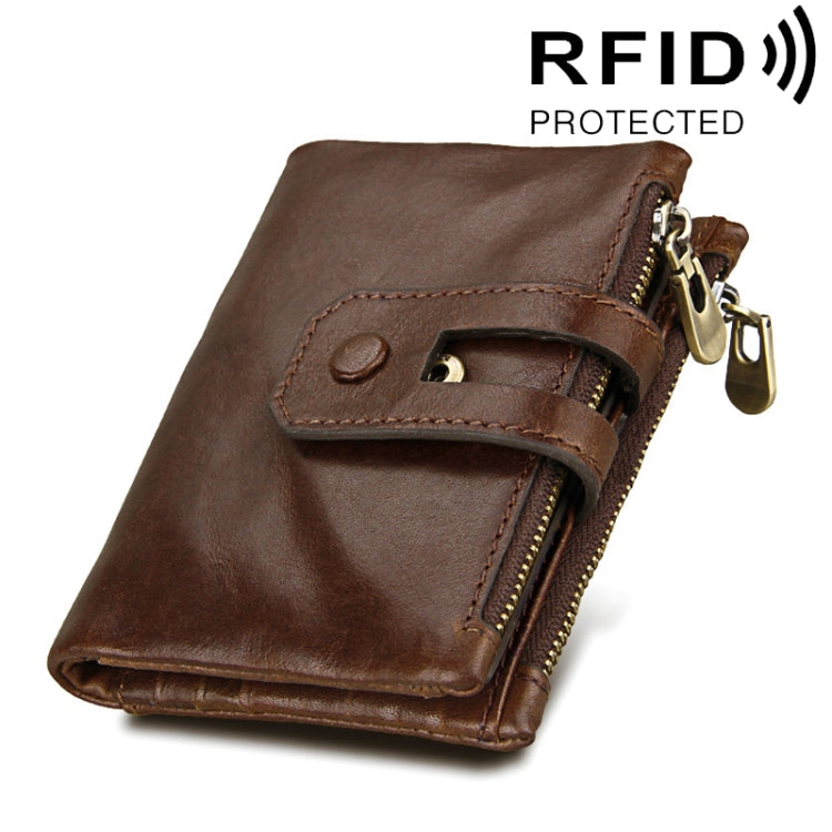 محفظة بطاقات جلدية أصلية من جلد البقر بنسيج الحصان المجنون بسحاب ثلاثي الطي، محفظة حجب RFID، محفظة عملات وحافظة بطاقات للرجال، الحجم: 12*9.5*3.5 سم
