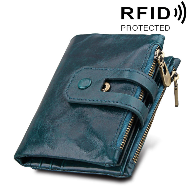 محفظة بطاقات جلدية أصلية من جلد البقر بنسيج الحصان المجنون بسحاب ثلاثي الطي، محفظة حجب RFID، محفظة عملات وحافظة بطاقات للرجال، الحجم: 12*9.5*3.5 سم