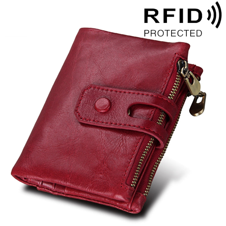 محفظة بطاقات جلدية أصلية من جلد البقر بنسيج الحصان المجنون بسحاب ثلاثي الطي، محفظة حجب RFID، محفظة عملات وحافظة بطاقات للرجال، الحجم: 12*9.5*3.5 سم