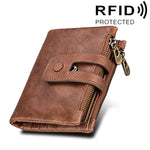 محفظة بطاقات جلدية أصلية من جلد البقر بنسيج الحصان المجنون بسحاب ثلاثي الطي، محفظة حجب RFID، محفظة عملات وحافظة بطاقات للرجال، الحجم: 12*9.5*3.5 سم