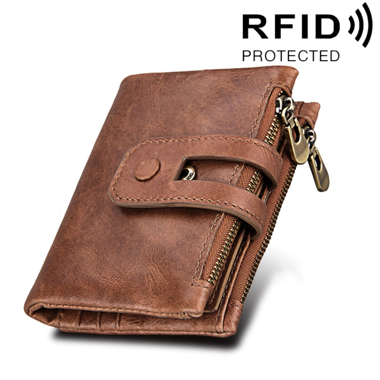 محفظة بطاقات جلدية أصلية من جلد البقر بنسيج الحصان المجنون بسحاب ثلاثي الطي، محفظة حجب RFID، محفظة عملات وحافظة بطاقات للرجال، الحجم: 12*9.5*3.5 سم