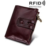 محفظة بطاقات جلدية أصلية من جلد البقر بنسيج الحصان المجنون بسحاب ثلاثي الطي، محفظة حجب RFID، محفظة عملات وحافظة بطاقات للرجال، الحجم: 12*9.5*3.5 سم