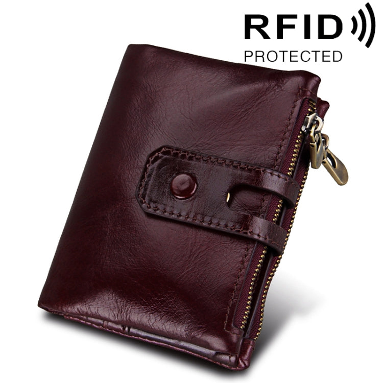 محفظة بطاقات جلدية أصلية من جلد البقر بنسيج الحصان المجنون بسحاب ثلاثي الطي، محفظة حجب RFID، محفظة عملات وحافظة بطاقات للرجال، الحجم: 12*9.5*3.5 سم