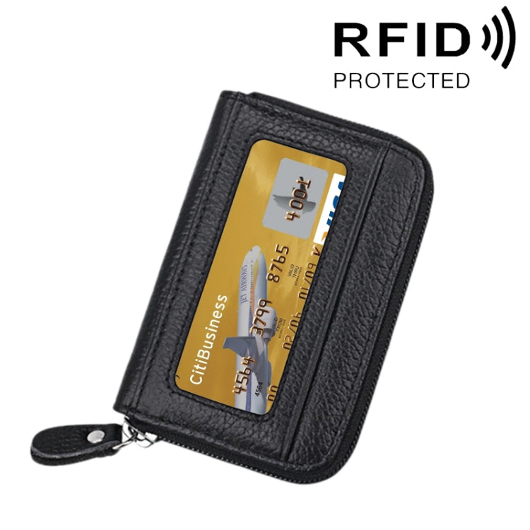 محفظة حامل بطاقات أفقية بسحاب من جلد البقر الأصلي بلون موحد، حقيبة حماية بطاقات بحجب RFID مع 12 فتحة بطاقات، المقاس: 11.5*7.5 سم