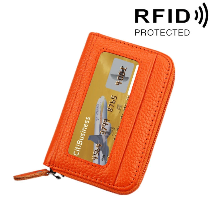 محفظة حامل بطاقات أفقية بسحاب من جلد البقر الأصلي بلون موحد، حقيبة حماية بطاقات بحجب RFID مع 12 فتحة بطاقات، المقاس: 11.5*7.5 سم