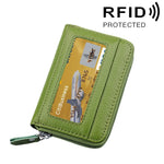محفظة حامل بطاقات أفقية بسحاب من جلد البقر الأصلي بلون موحد، حقيبة حماية بطاقات بحجب RFID مع 12 فتحة بطاقات، المقاس: 11.5*7.5 سم