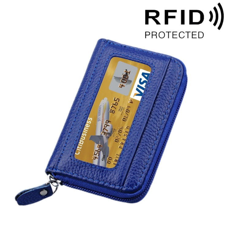 محفظة حامل بطاقات أفقية بسحاب من جلد البقر الأصلي بلون موحد، حقيبة حماية بطاقات بحجب RFID مع 12 فتحة بطاقات، المقاس: 11.5*7.5 سم