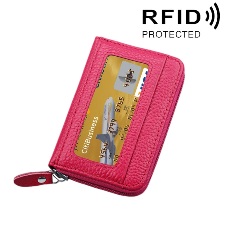 محفظة حامل بطاقات أفقية بسحاب من جلد البقر الأصلي بلون موحد، حقيبة حماية بطاقات بحجب RFID مع 12 فتحة بطاقات، المقاس: 11.5*7.5 سم