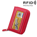 محفظة حامل بطاقات أفقية بسحاب من جلد البقر الأصلي بلون موحد، حقيبة حماية بطاقات بحجب RFID مع 12 فتحة بطاقات، المقاس: 11.5*7.5 سم