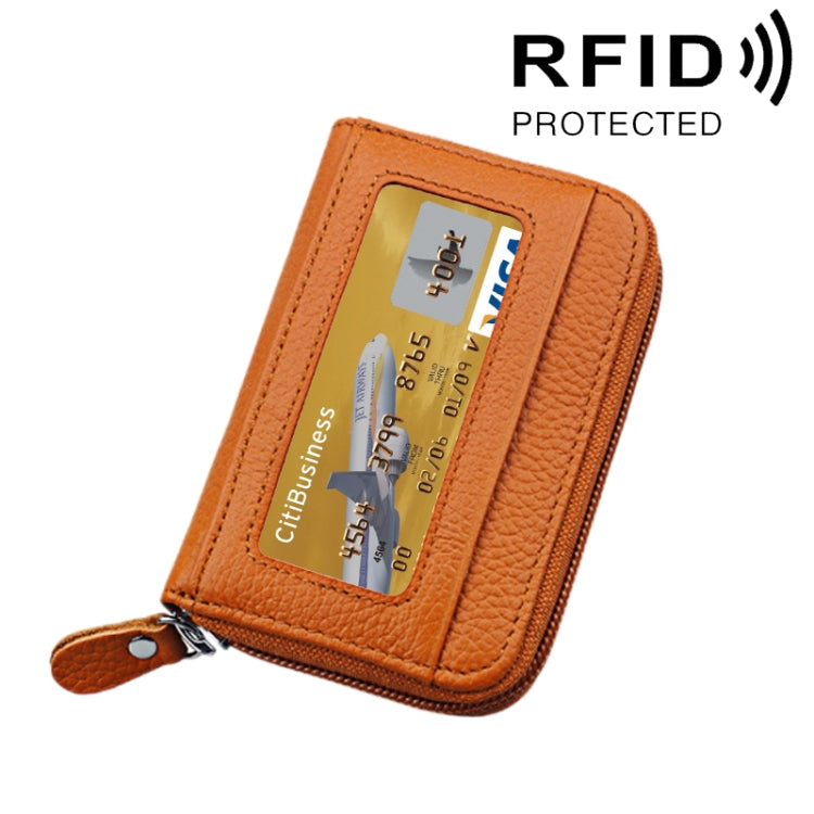 محفظة حامل بطاقات أفقية بسحاب من جلد البقر الأصلي بلون موحد، حقيبة حماية بطاقات بحجب RFID مع 12 فتحة بطاقات، المقاس: 11.5*7.5 سم