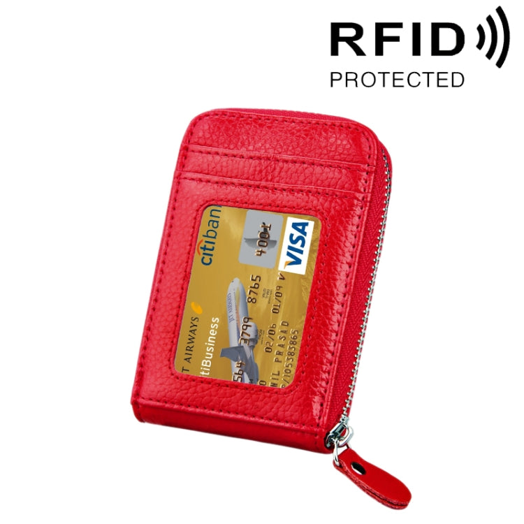 محفظة حامل بطاقات رأسية بسحاب من جلد البقر الأصلي بلون موحد، حقيبة حماية بطاقات بحجب RFID مع 12 فتحة بطاقات، المقاس: 11.5*7.5 سم