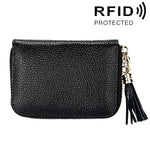محفظة حامل بطاقات بسحاب من جلد بقرة أصلي بلون صلب مع حجب RFID، حقيبة حماية بطاقات، محفظة عملات مع شرابة وتعليق، 15 فتحة بطاقات للنساء، المقاس: 11.1*7.6*3.5 سم