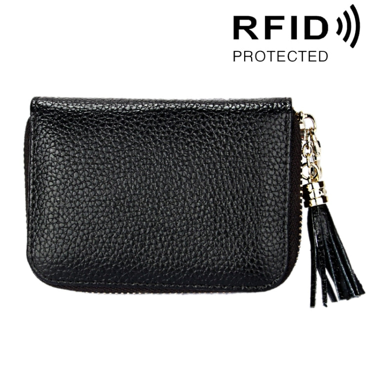 محفظة حامل بطاقات بسحاب من جلد بقرة أصلي بلون صلب مع حجب RFID، حقيبة حماية بطاقات، محفظة عملات مع شرابة وتعليق، 15 فتحة بطاقات للنساء، المقاس: 11.1*7.6*3.5 سم