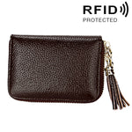 محفظة حامل بطاقات بسحاب من جلد بقرة أصلي بلون صلب مع حجب RFID، حقيبة حماية بطاقات، محفظة عملات مع شرابة وتعليق، 15 فتحة بطاقات للنساء، المقاس: 11.1*7.6*3.5 سم