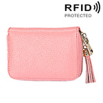 محفظة حامل بطاقات بسحاب من جلد بقرة أصلي بلون صلب مع حجب RFID، حقيبة حماية بطاقات، محفظة عملات مع شرابة وتعليق، 15 فتحة بطاقات للنساء، المقاس: 11.1*7.6*3.5 سم