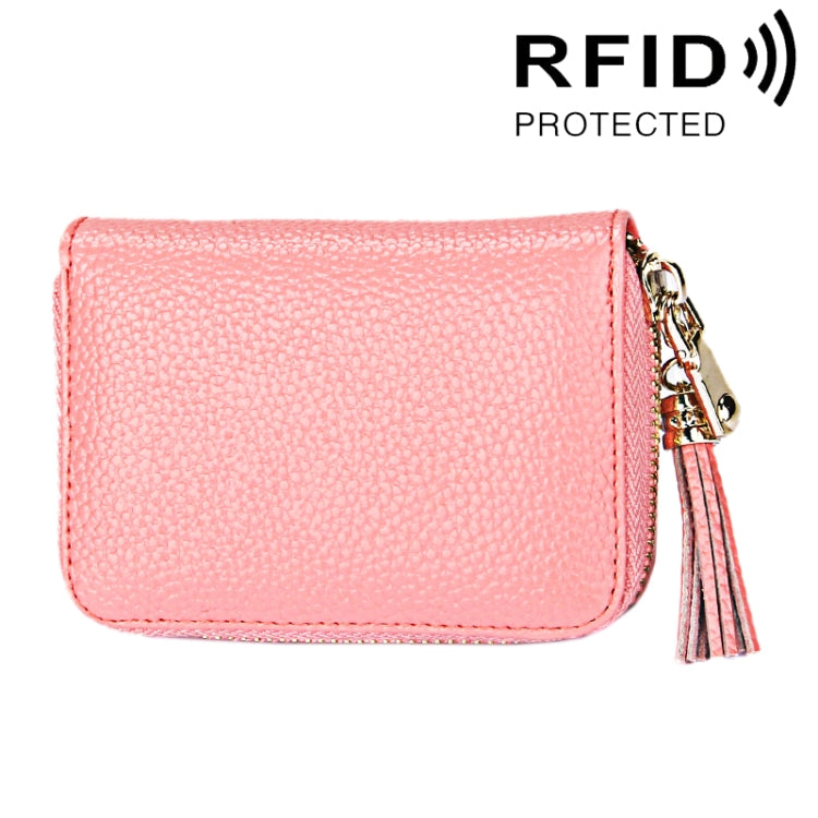 محفظة حامل بطاقات بسحاب من جلد بقرة أصلي بلون صلب مع حجب RFID، حقيبة حماية بطاقات، محفظة عملات مع شرابة وتعليق، 15 فتحة بطاقات للنساء، المقاس: 11.1*7.6*3.5 سم