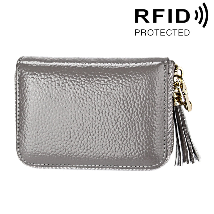 محفظة حامل بطاقات بسحاب من جلد بقرة أصلي بلون صلب مع حجب RFID، حقيبة حماية بطاقات، محفظة عملات مع شرابة وتعليق، 15 فتحة بطاقات للنساء، المقاس: 11.1*7.6*3.5 سم