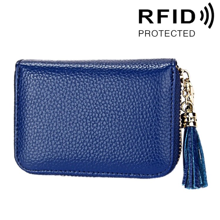 محفظة حامل بطاقات بسحاب من جلد بقرة أصلي بلون صلب مع حجب RFID، حقيبة حماية بطاقات، محفظة عملات مع شرابة وتعليق، 15 فتحة بطاقات للنساء، المقاس: 11.1*7.6*3.5 سم