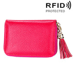 محفظة حامل بطاقات بسحاب من جلد بقرة أصلي بلون صلب مع حجب RFID، حقيبة حماية بطاقات، محفظة عملات مع شرابة وتعليق، 15 فتحة بطاقات للنساء، المقاس: 11.1*7.6*3.5 سم