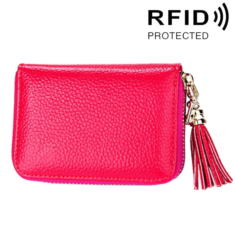 محفظة حامل بطاقات بسحاب من جلد بقرة أصلي بلون صلب مع حجب RFID، حقيبة حماية بطاقات، محفظة عملات مع شرابة وتعليق، 15 فتحة بطاقات للنساء، المقاس: 11.1*7.6*3.5 سم