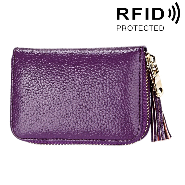 محفظة حامل بطاقات بسحاب من جلد بقرة أصلي بلون صلب مع حجب RFID، حقيبة حماية بطاقات، محفظة عملات مع شرابة وتعليق، 15 فتحة بطاقات للنساء، المقاس: 11.1*7.6*3.5 سم