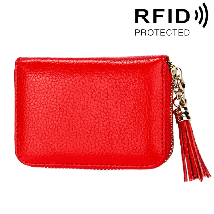 محفظة حامل بطاقات بسحاب من جلد بقرة أصلي بلون صلب مع حجب RFID، حقيبة حماية بطاقات، محفظة عملات مع شرابة وتعليق، 15 فتحة بطاقات للنساء، المقاس: 11.1*7.6*3.5 سم
